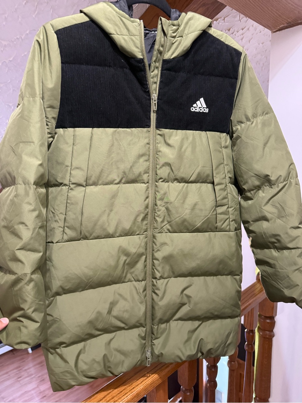 adidas Olive Green and Black Hooded Puffer Jacket - Kids